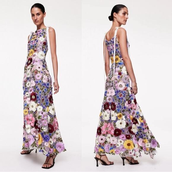 Rachel Gilbert Nya Floral Hand Embroidered Gown Textured 10 US - Picture 12 of 14